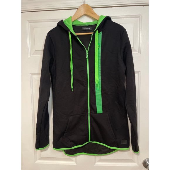 Leif Nelson Full Zip Long Line Hoodie‎ Jacket Black Neon Green Women's M - Picture 1 of 9